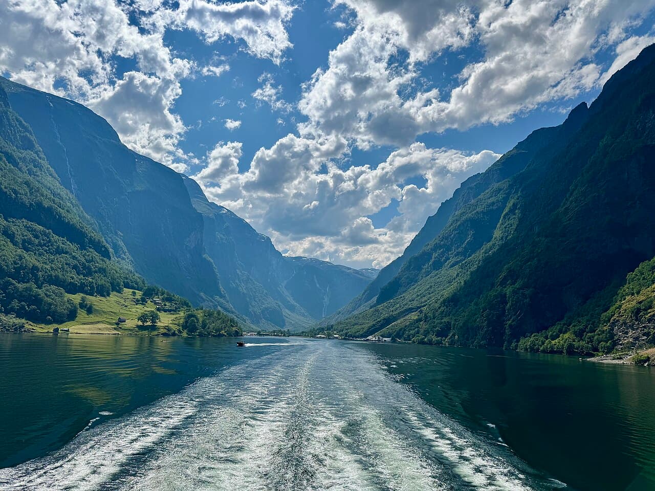 The narrow Nærøyfjord between steep mountains, Vestland